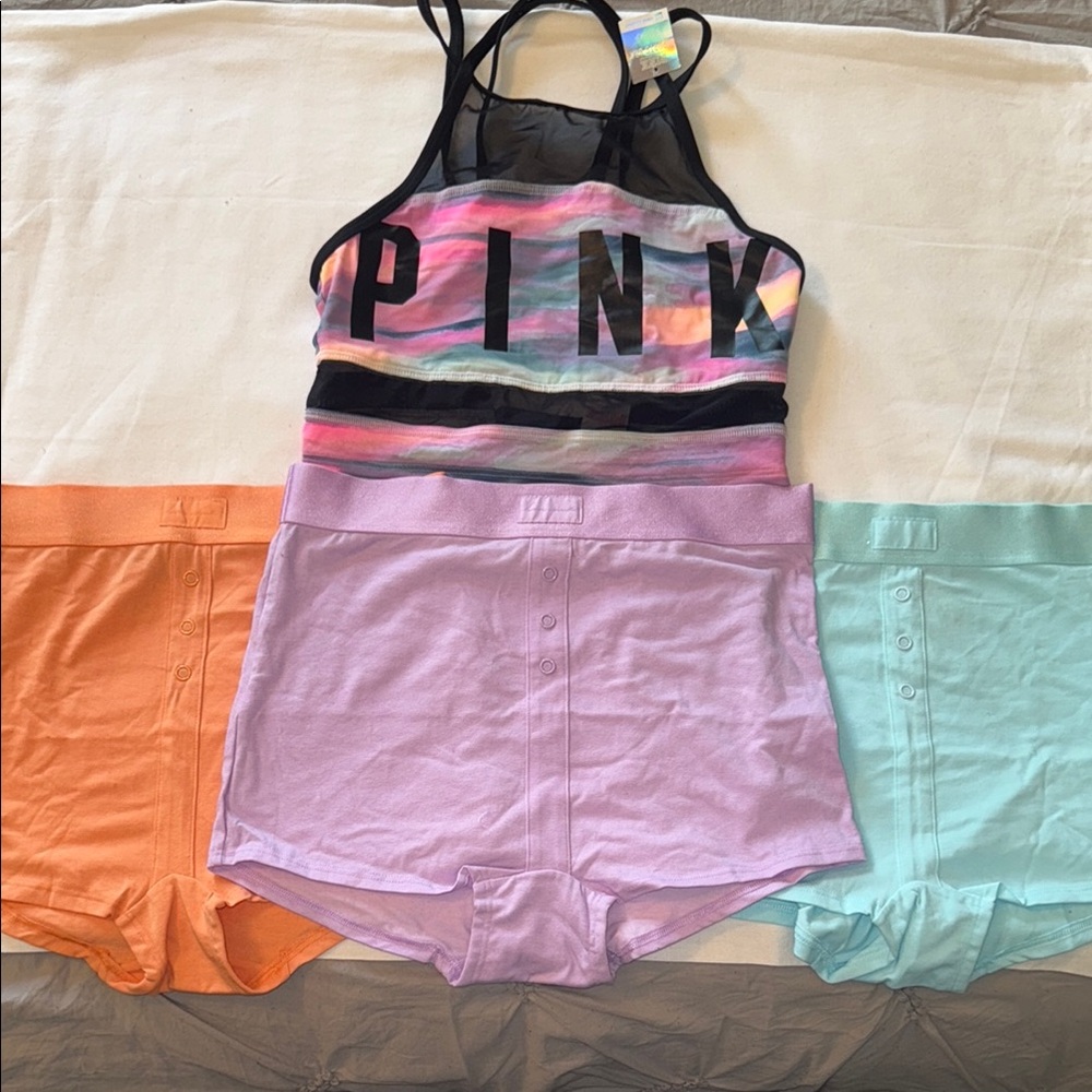 PINK Victoria’s Secret XS Tie Dye Sports Bra & MEDIUM Boyshort Panties Set BNWT